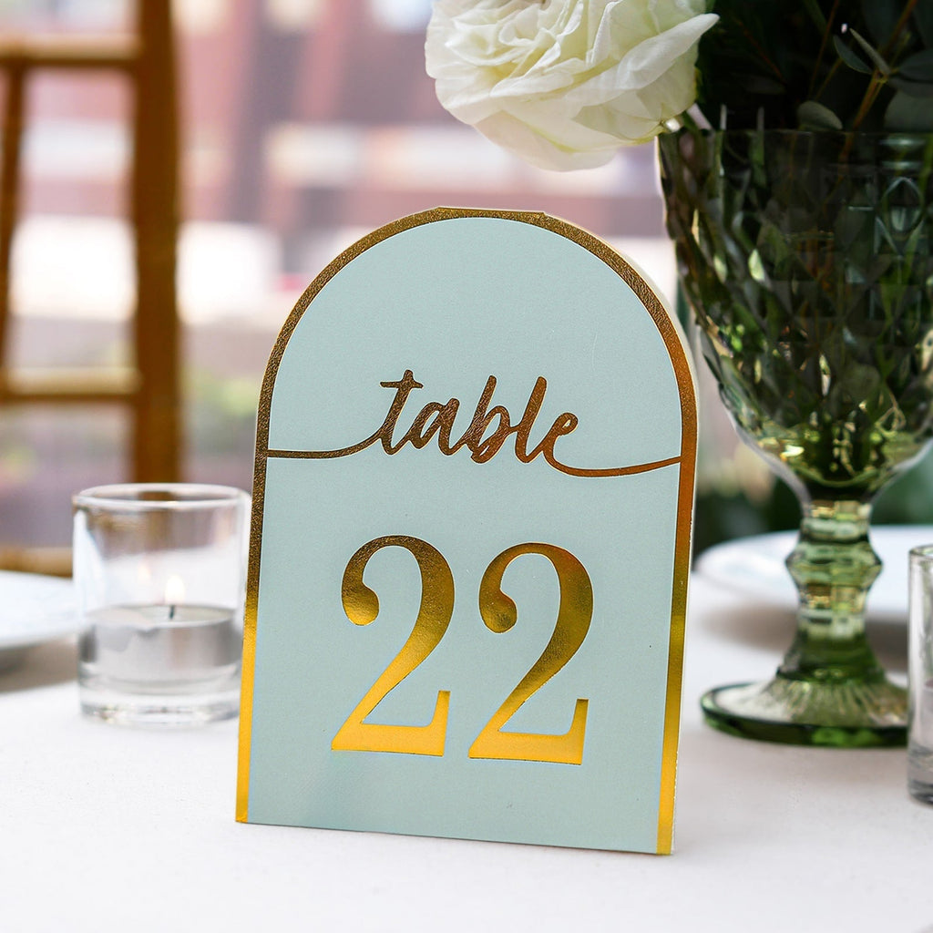 25 - Pack 7" Disposable Table Numbers, Dusty Blue Free Standing Double Sided Table Number Place Cards with Metallic Gold Foil Numbers 1 - 25 - Bell Racket Store