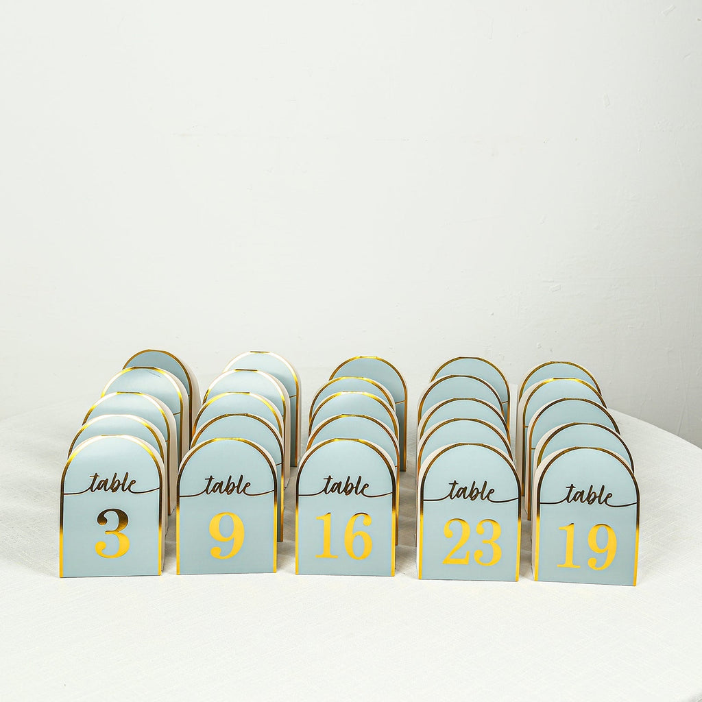 25 - Pack 7" Disposable Table Numbers, Dusty Blue Free Standing Double Sided Table Number Place Cards with Metallic Gold Foil Numbers 1 - 25 - Bell Racket Store