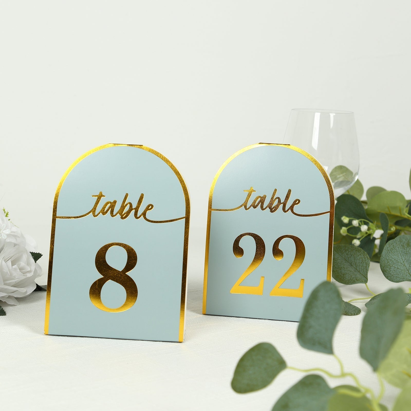 25 - Pack 7" Disposable Table Numbers, Dusty Blue Free Standing Double Sided Table Number Place Cards with Metallic Gold Foil Numbers 1 - 25 - Bell Racket Store