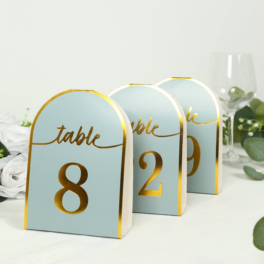 25 - Pack 7" Disposable Table Numbers, Dusty Blue Free Standing Double Sided Table Number Place Cards with Metallic Gold Foil Numbers 1 - 25 - Bell Racket Store