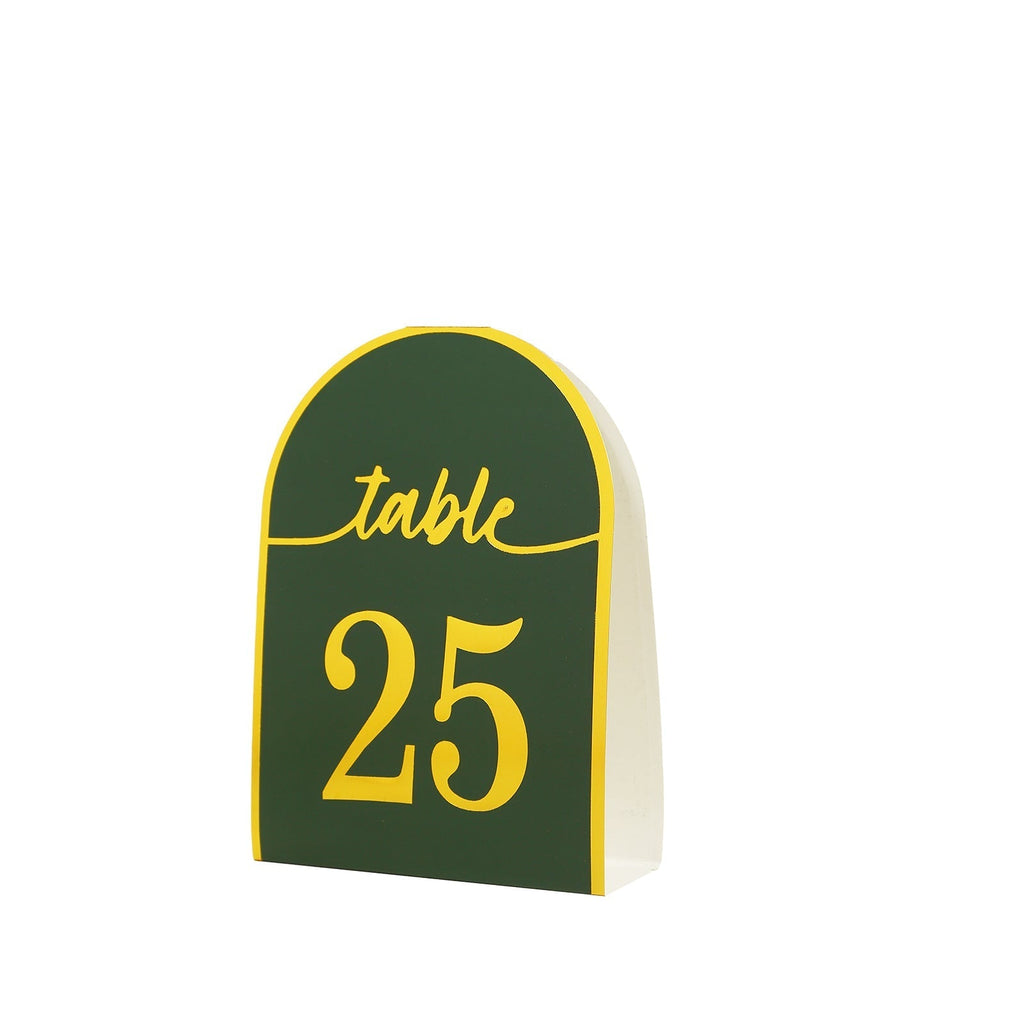25 - Pack 7" Disposable Table Numbers, Hunter Emerald Green Free Standing Double Sided Table Number Place Cards with Metallic Gold Foil Numbers 1 - 25 - Bell Racket Store