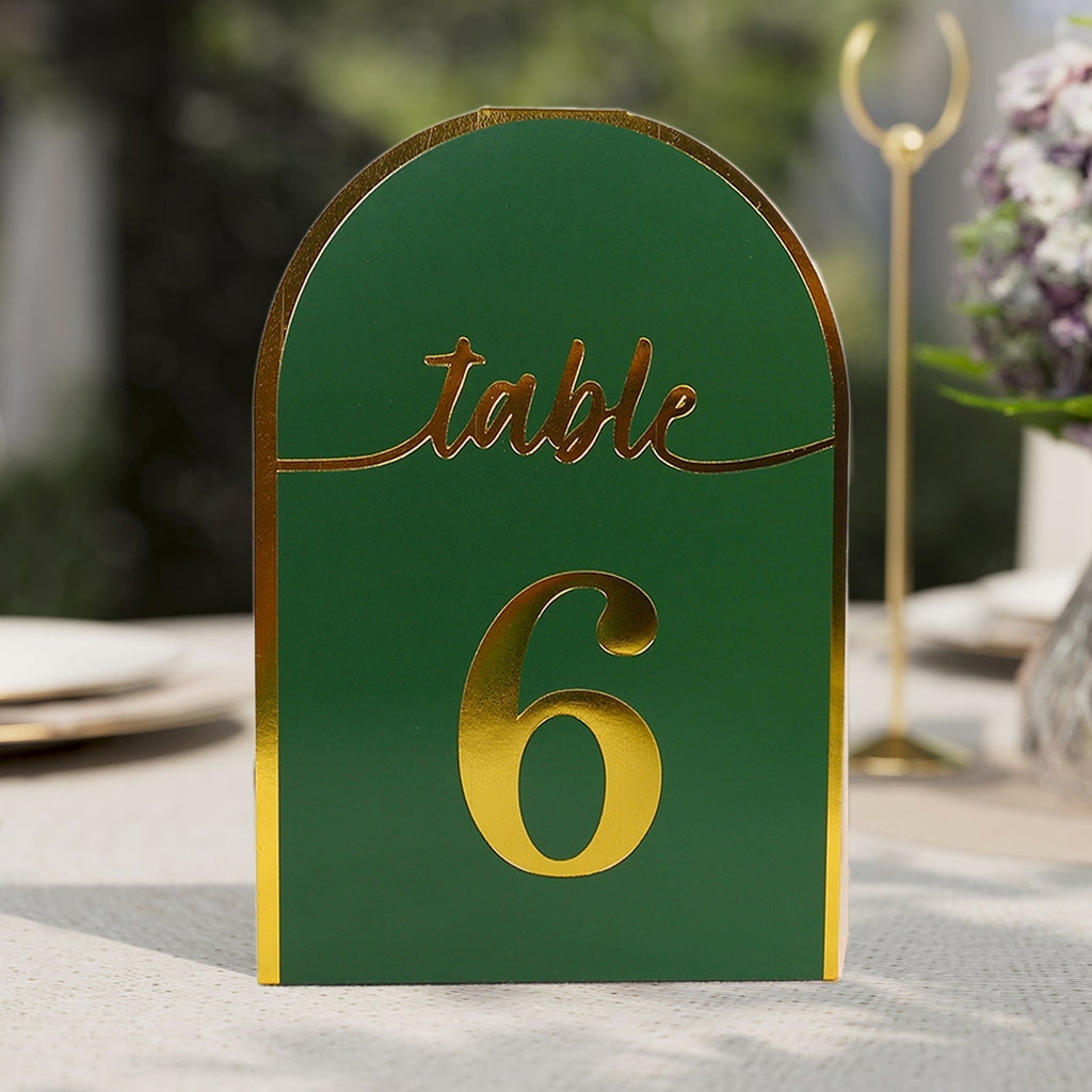 25 - Pack 7" Disposable Table Numbers, Hunter Emerald Green Free Standing Double Sided Table Number Place Cards with Metallic Gold Foil Numbers 1 - 25 - Bell Racket Store