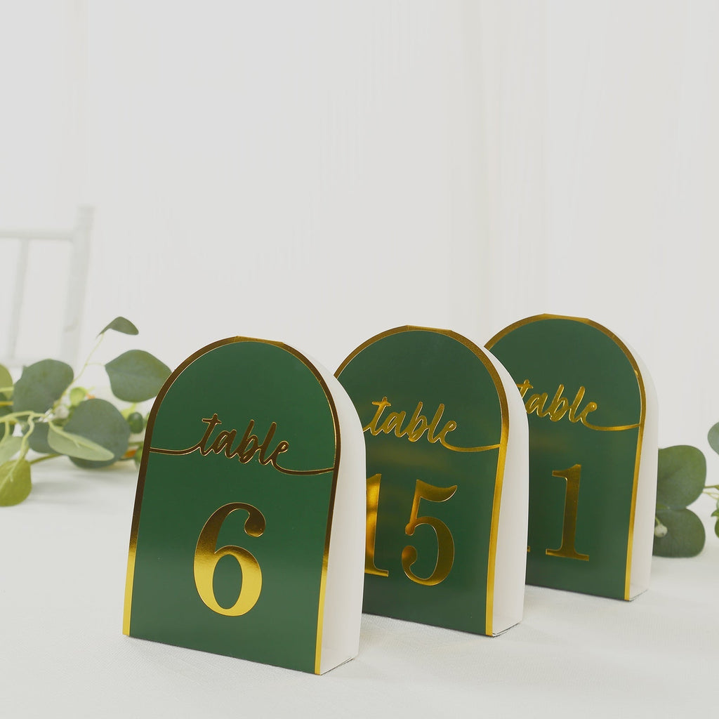 25 - Pack 7" Disposable Table Numbers, Hunter Emerald Green Free Standing Double Sided Table Number Place Cards with Metallic Gold Foil Numbers 1 - 25 - Bell Racket Store
