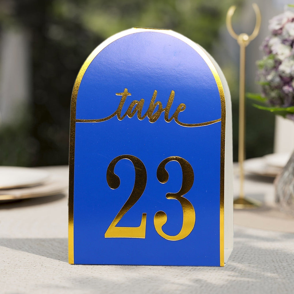 25 - Pack 7" Disposable Table Numbers, Royal Blue Free Standing Double Sided Table Number Place Cards with Metallic Gold Foil Numbers 1 - 25 - Bell Racket Store