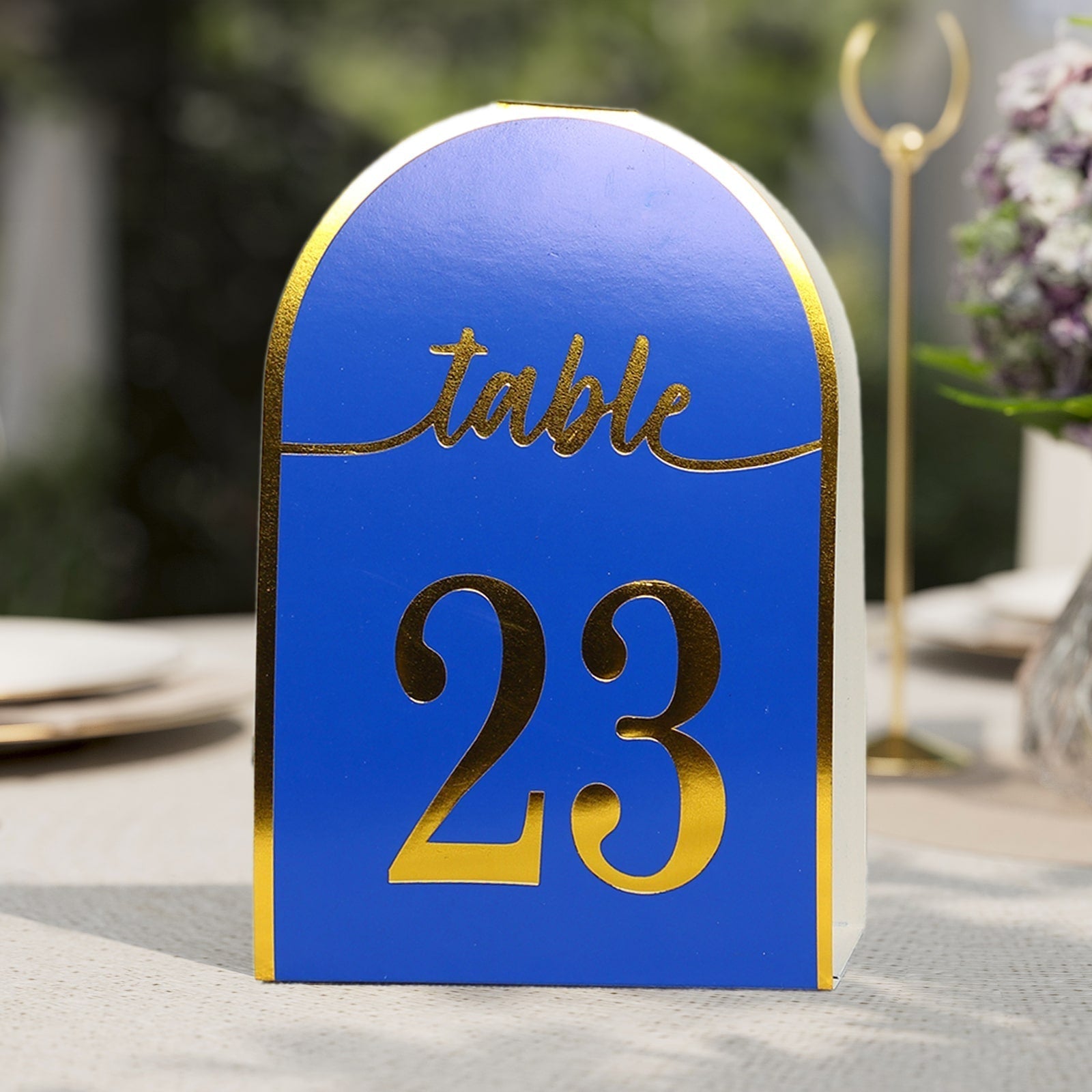 25 - Pack 7" Disposable Table Numbers, Royal Blue Free Standing Double Sided Table Number Place Cards with Metallic Gold Foil Numbers 1 - 25 - Bell Racket Store