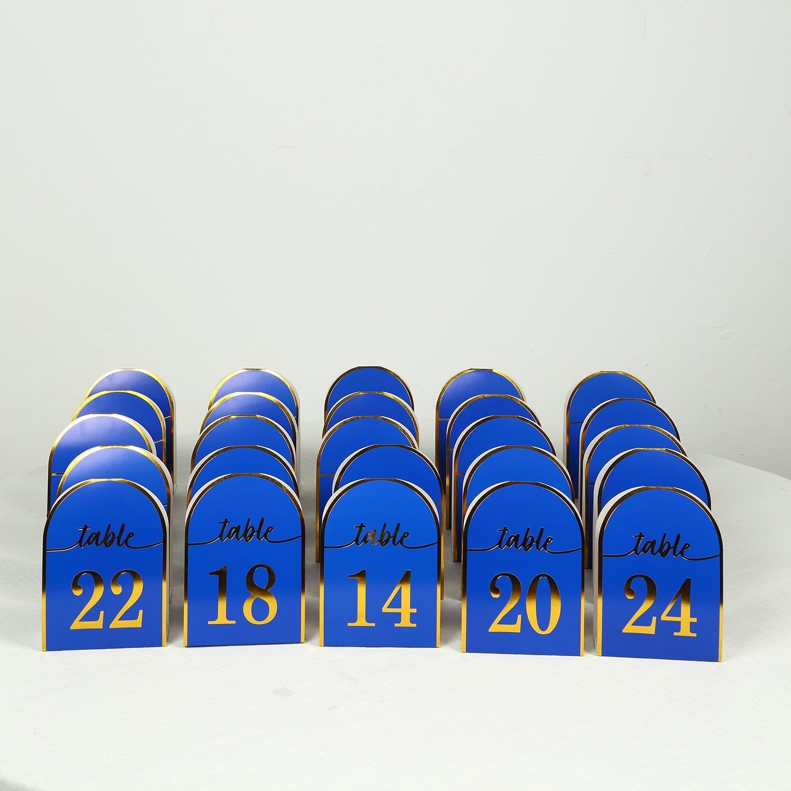 25 - Pack 7" Disposable Table Numbers, Royal Blue Free Standing Double Sided Table Number Place Cards with Metallic Gold Foil Numbers 1 - 25 - Bell Racket Store