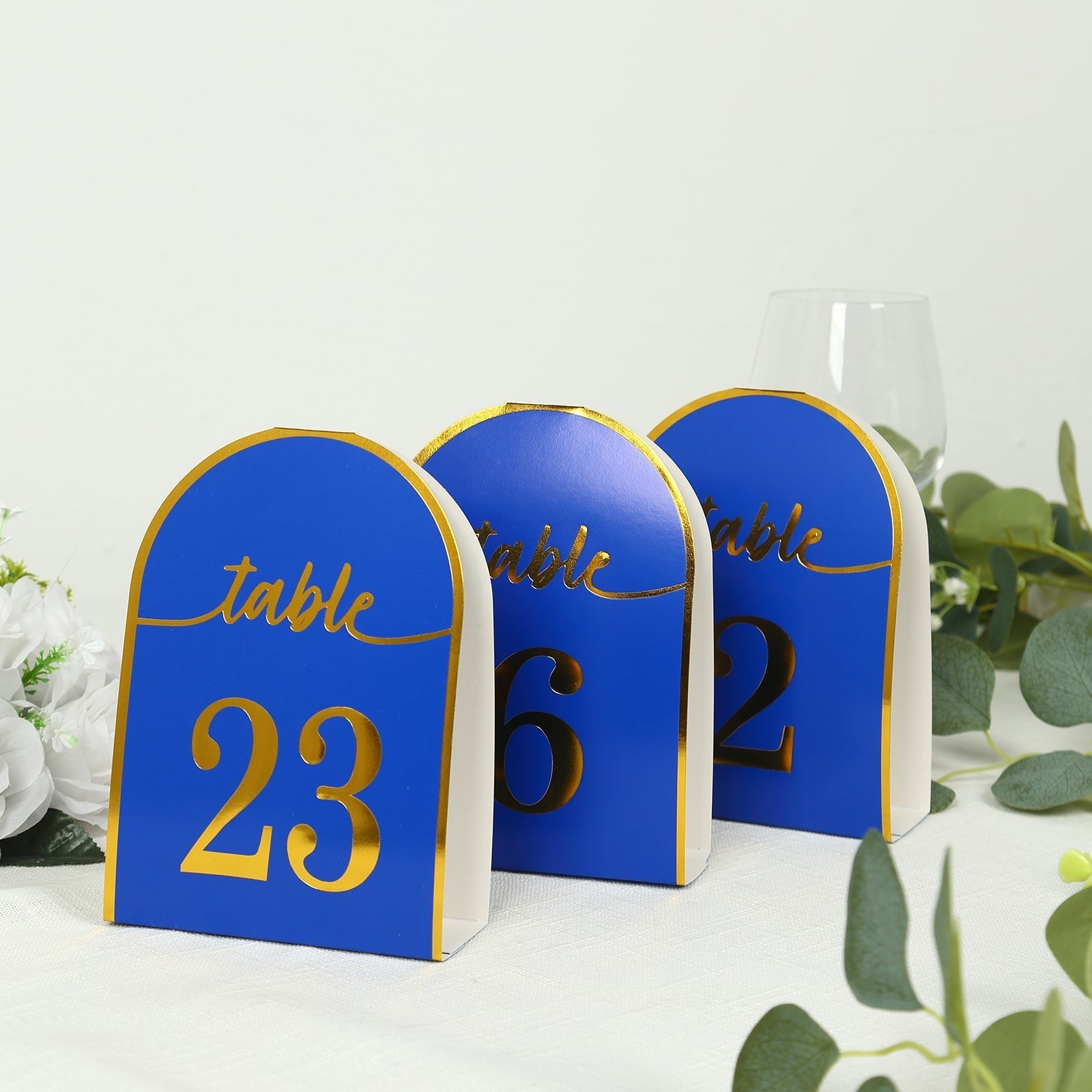 25 - Pack 7" Disposable Table Numbers, Royal Blue Free Standing Double Sided Table Number Place Cards with Metallic Gold Foil Numbers 1 - 25 - Bell Racket Store