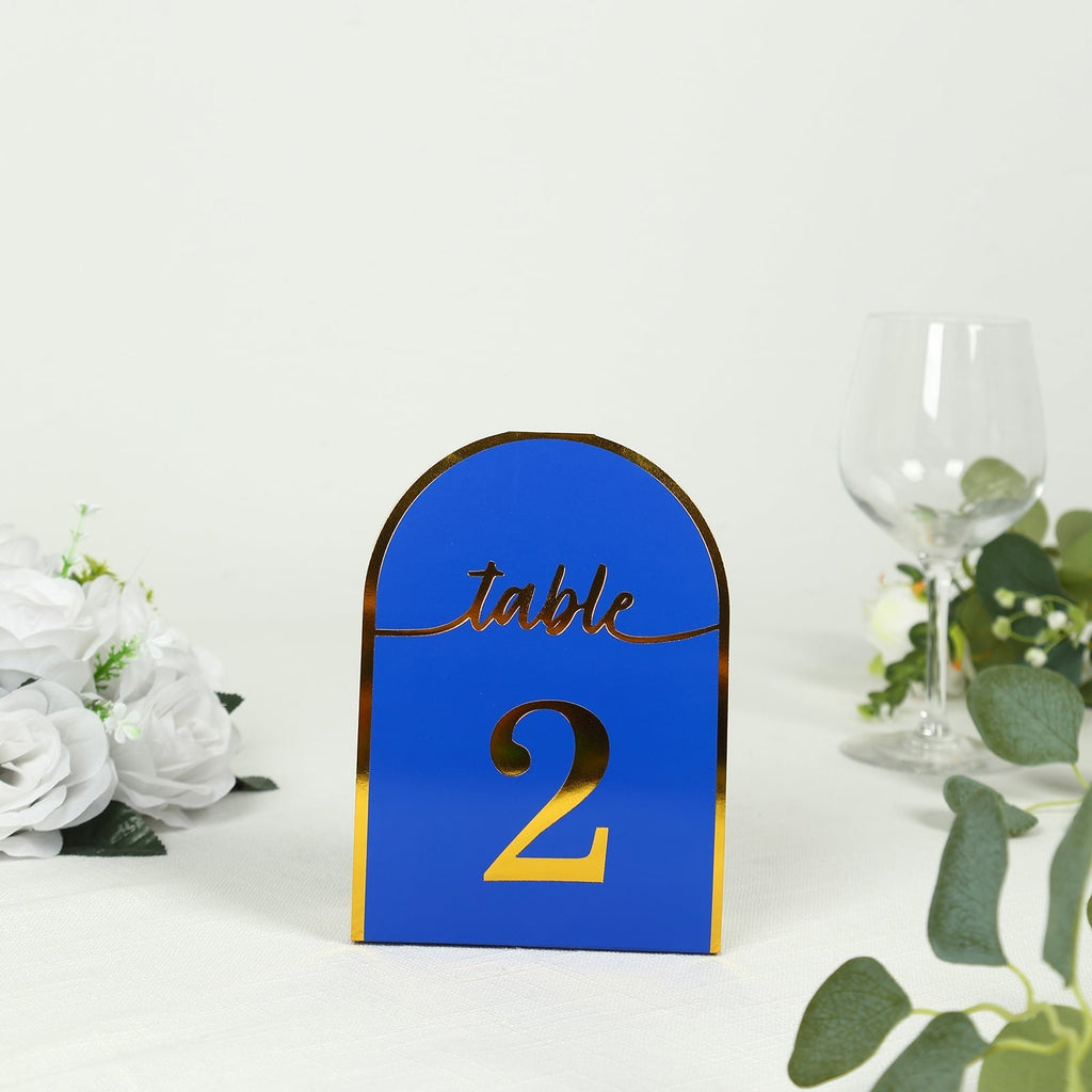 25 - Pack 7" Disposable Table Numbers, Royal Blue Free Standing Double Sided Table Number Place Cards with Metallic Gold Foil Numbers 1 - 25 - Bell Racket Store