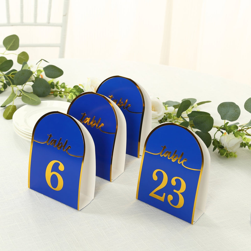 25 - Pack 7" Disposable Table Numbers, Royal Blue Free Standing Double Sided Table Number Place Cards with Metallic Gold Foil Numbers 1 - 25 - Bell Racket Store