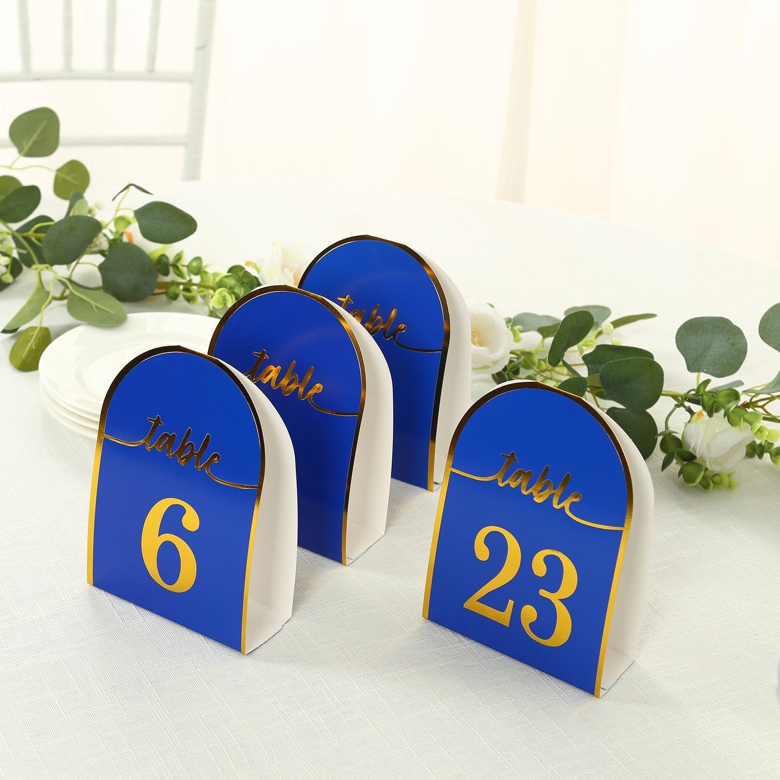 25 - Pack 7" Disposable Table Numbers, Royal Blue Free Standing Double Sided Table Number Place Cards with Metallic Gold Foil Numbers 1 - 25 - Bell Racket Store