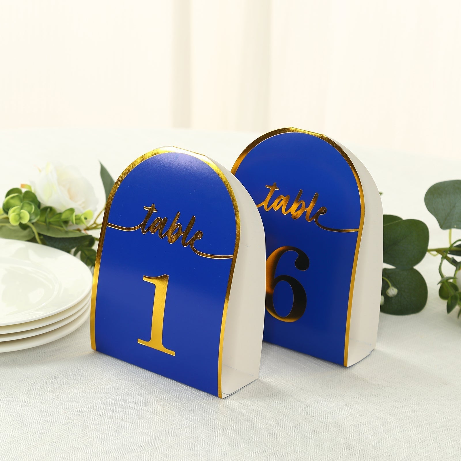25 - Pack 7" Disposable Table Numbers, Royal Blue Free Standing Double Sided Table Number Place Cards with Metallic Gold Foil Numbers 1 - 25 - Bell Racket Store