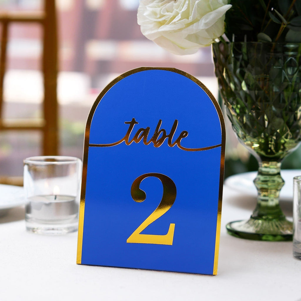 25 - Pack 7" Disposable Table Numbers, Royal Blue Free Standing Double Sided Table Number Place Cards with Metallic Gold Foil Numbers 1 - 25 - Bell Racket Store
