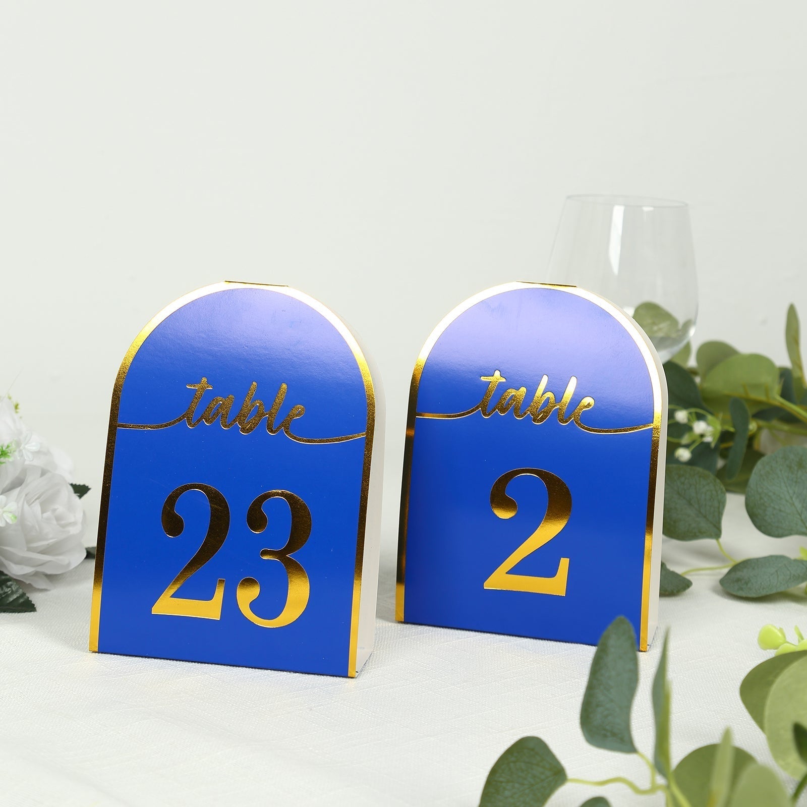 25 - Pack 7" Disposable Table Numbers, Royal Blue Free Standing Double Sided Table Number Place Cards with Metallic Gold Foil Numbers 1 - 25 - Bell Racket Store