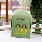 25 - Pack 7" Disposable Table Numbers, Sage Green Free Standing Double Sided Table Number Place Cards with Metallic Gold Foil Numbers 1 - 25 - Bell Racket Store