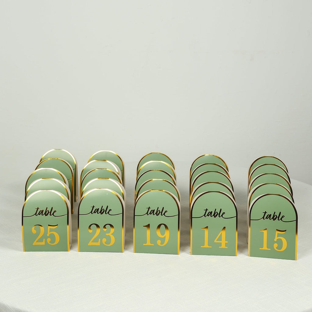 25 - Pack 7" Disposable Table Numbers, Sage Green Free Standing Double Sided Table Number Place Cards with Metallic Gold Foil Numbers 1 - 25 - Bell Racket Store