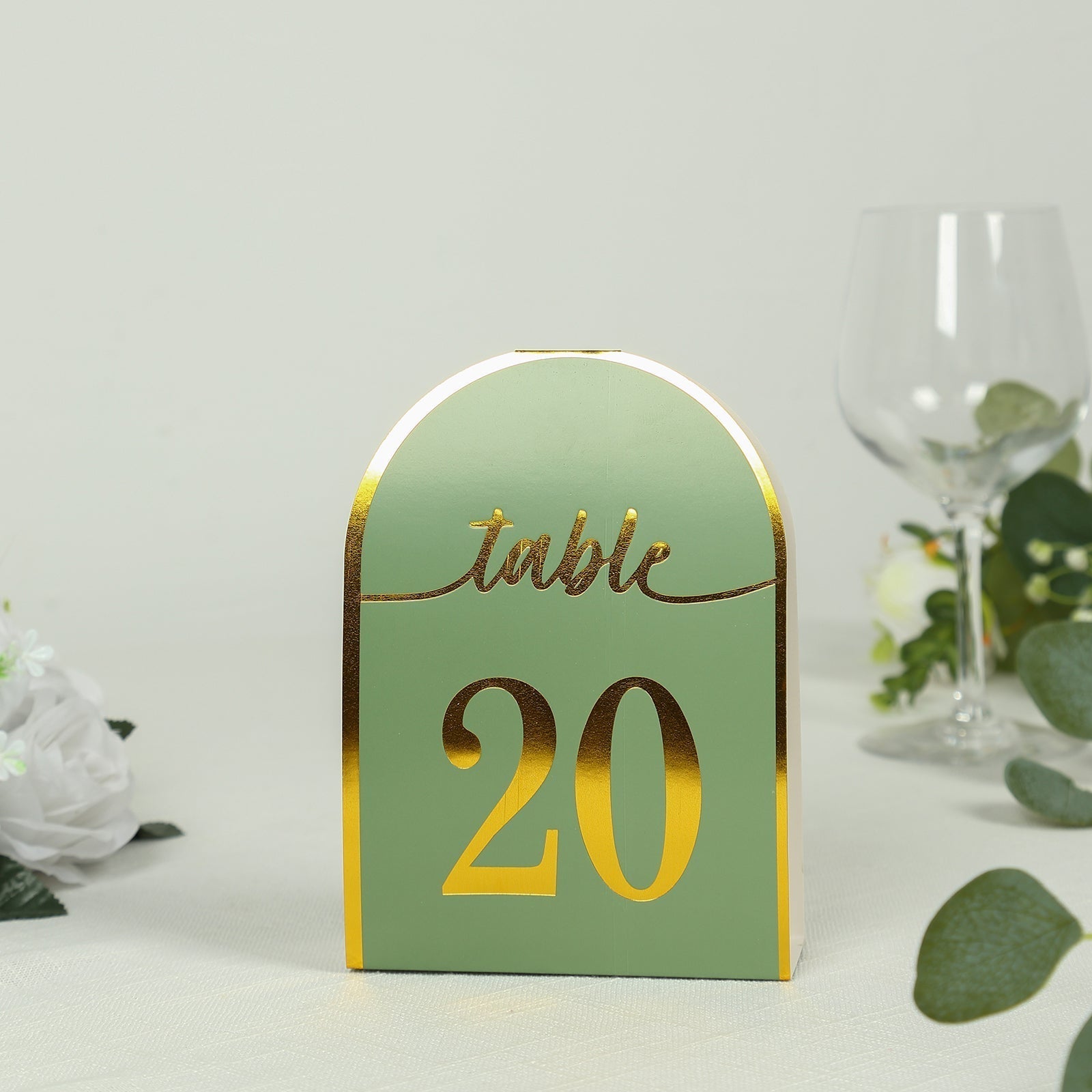 25 - Pack 7" Disposable Table Numbers, Sage Green Free Standing Double Sided Table Number Place Cards with Metallic Gold Foil Numbers 1 - 25 - Bell Racket Store