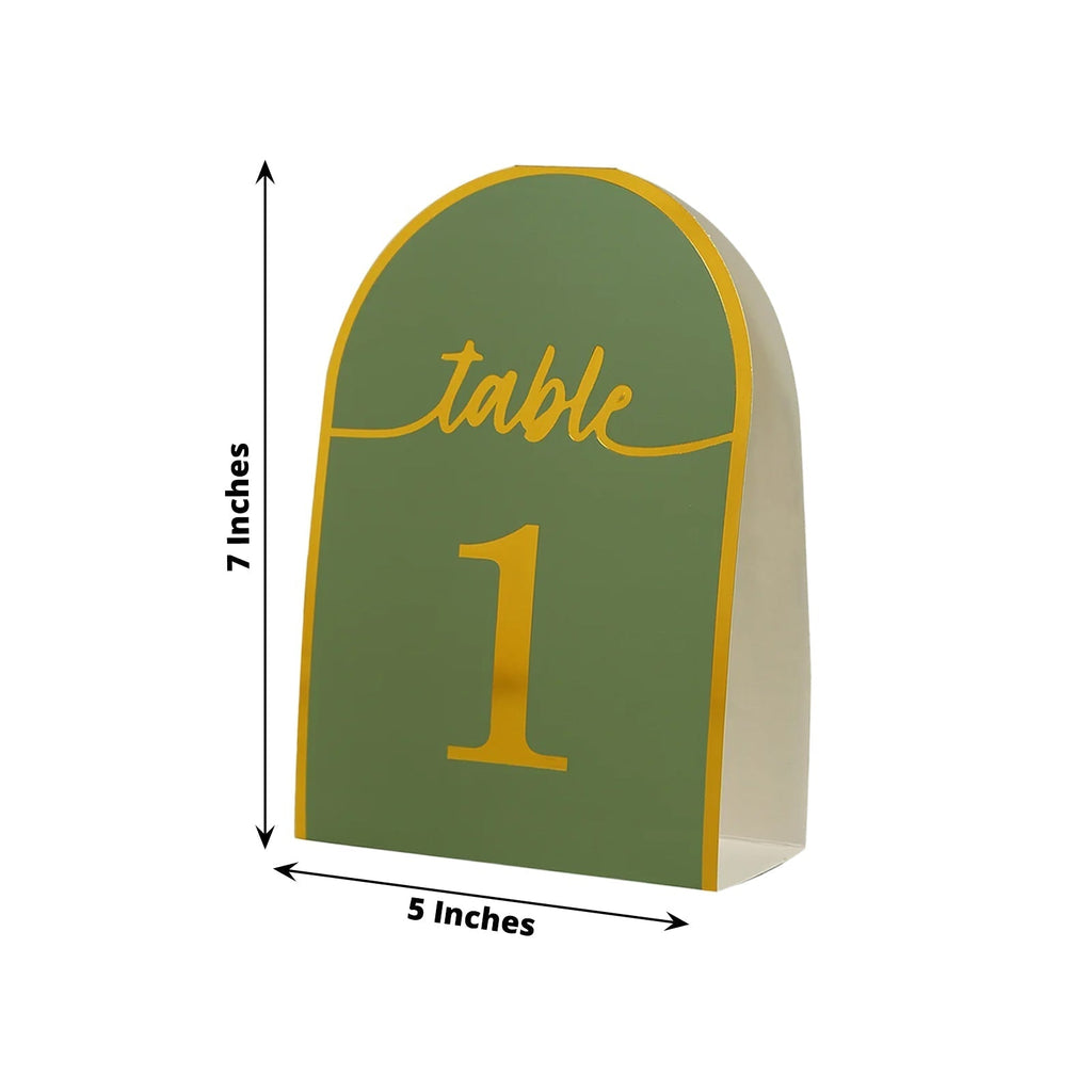25 - Pack 7" Disposable Table Numbers, Sage Green Free Standing Double Sided Table Number Place Cards with Metallic Gold Foil Numbers 1 - 25 - Bell Racket Store