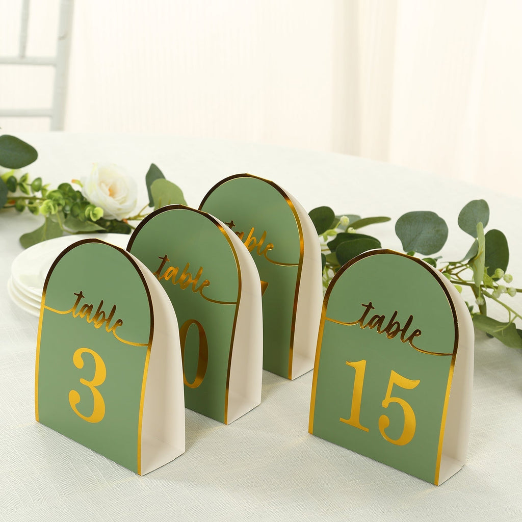 25 - Pack 7" Disposable Table Numbers, Sage Green Free Standing Double Sided Table Number Place Cards with Metallic Gold Foil Numbers 1 - 25 - Bell Racket Store