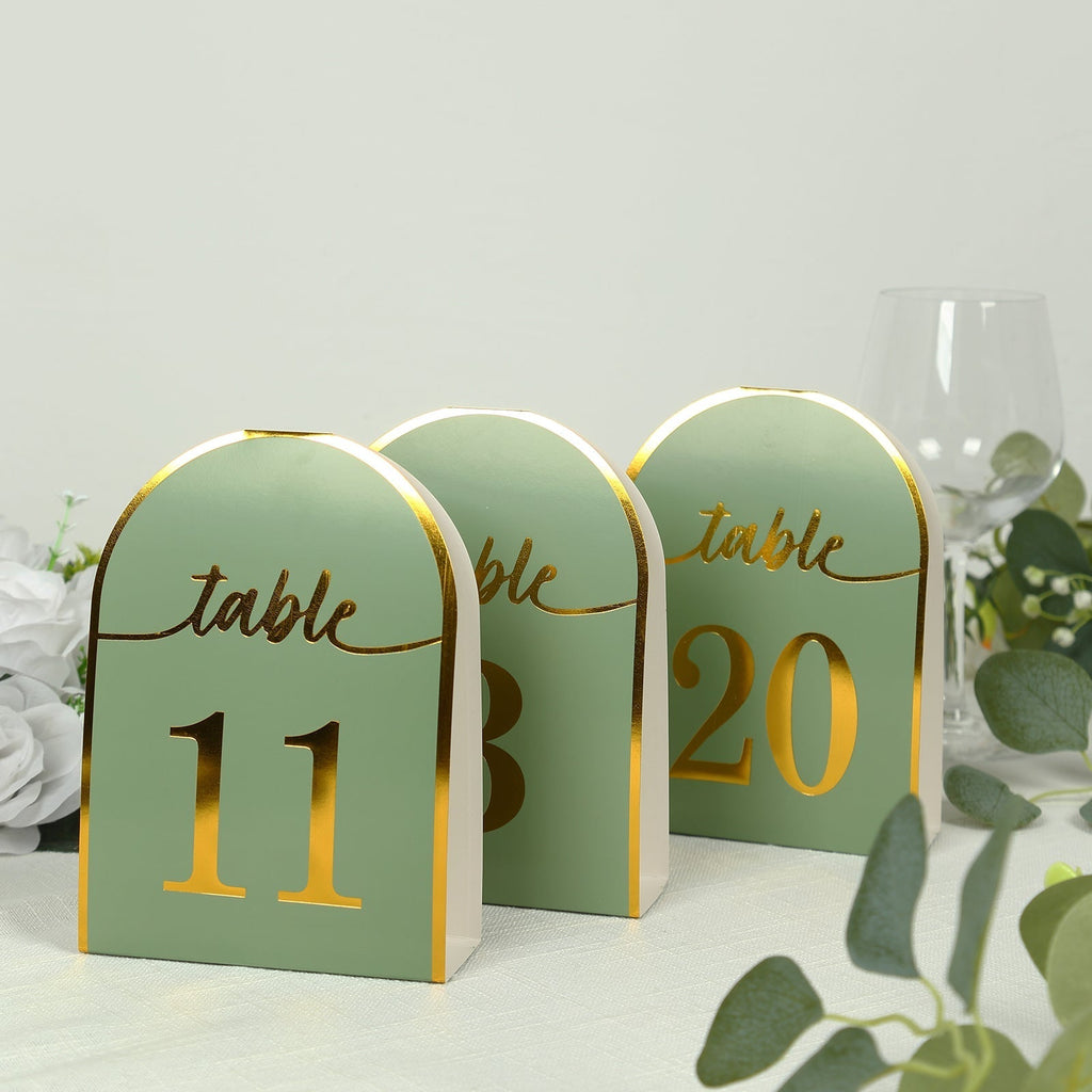 25 - Pack 7" Disposable Table Numbers, Sage Green Free Standing Double Sided Table Number Place Cards with Metallic Gold Foil Numbers 1 - 25 - Bell Racket Store