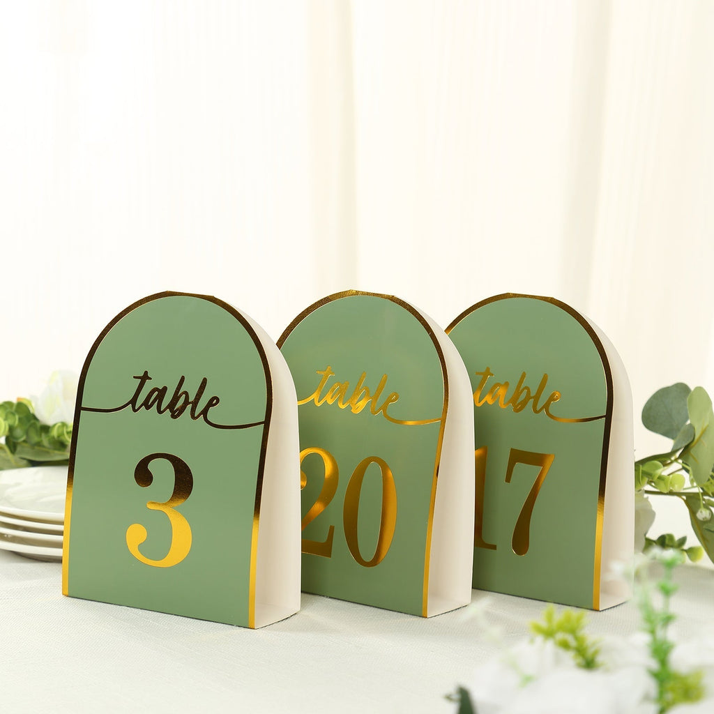 25 - Pack 7" Disposable Table Numbers, Sage Green Free Standing Double Sided Table Number Place Cards with Metallic Gold Foil Numbers 1 - 25 - Bell Racket Store