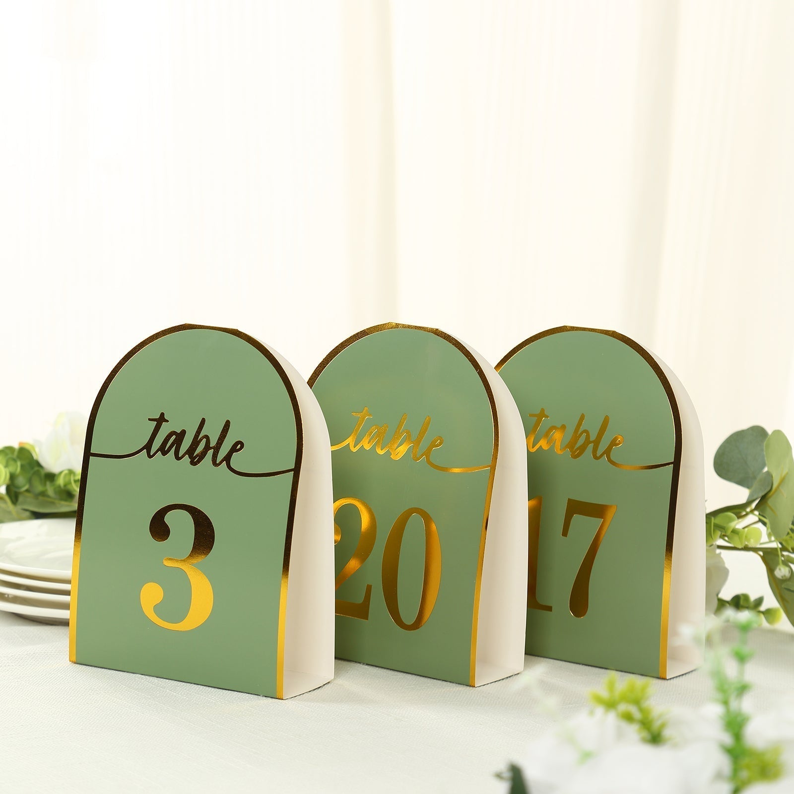 25 - Pack 7" Disposable Table Numbers, Sage Green Free Standing Double Sided Table Number Place Cards with Metallic Gold Foil Numbers 1 - 25 - Bell Racket Store