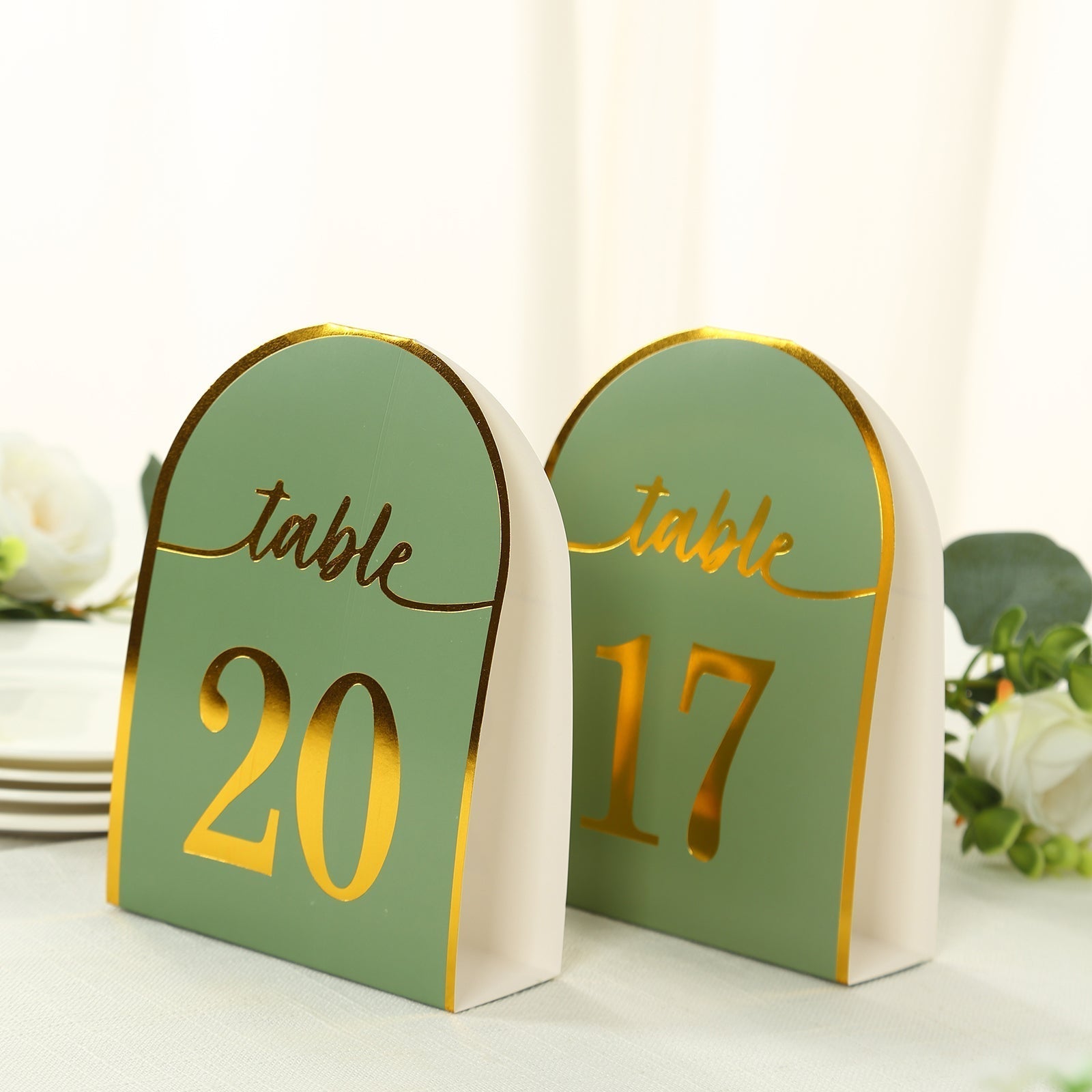 25 - Pack 7" Disposable Table Numbers, Sage Green Free Standing Double Sided Table Number Place Cards with Metallic Gold Foil Numbers 1 - 25 - Bell Racket Store