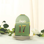 25 - Pack 7" Disposable Table Numbers, Sage Green Free Standing Double Sided Table Number Place Cards with Metallic Gold Foil Numbers 1 - 25 - Bell Racket Store