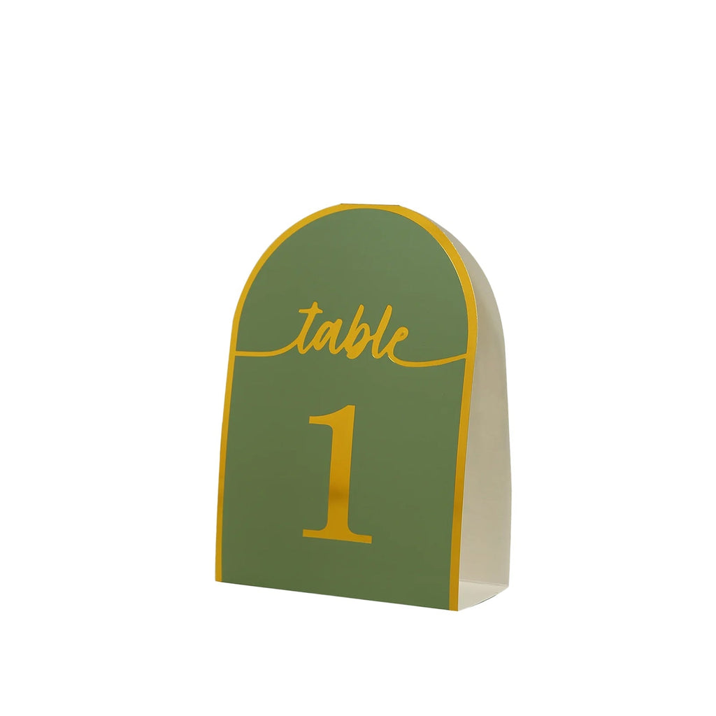 25 - Pack 7" Disposable Table Numbers, Sage Green Free Standing Double Sided Table Number Place Cards with Metallic Gold Foil Numbers 1 - 25 - Bell Racket Store