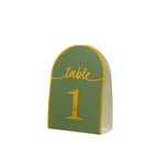 25 - Pack 7" Disposable Table Numbers, Sage Green Free Standing Double Sided Table Number Place Cards with Metallic Gold Foil Numbers 1 - 25 - Bell Racket Store