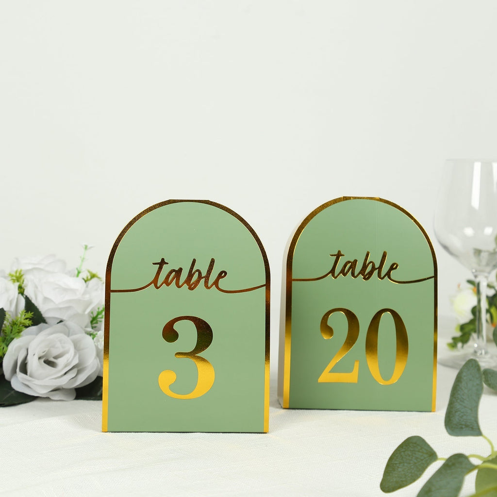 25 - Pack 7" Disposable Table Numbers, Sage Green Free Standing Double Sided Table Number Place Cards with Metallic Gold Foil Numbers 1 - 25 - Bell Racket Store