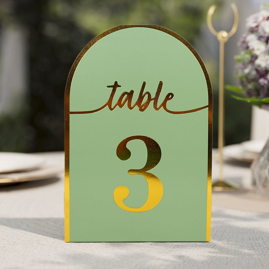 25 - Pack 7" Disposable Table Numbers, Sage Green Free Standing Double Sided Table Number Place Cards with Metallic Gold Foil Numbers 1 - 25 - Bell Racket Store