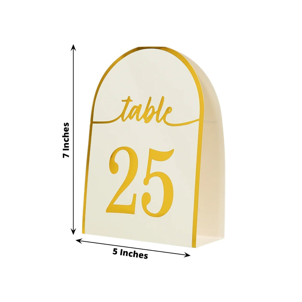 25 - Pack 7" Disposable Table Numbers, White Free Standing Double Sided Table Number Place Cards with Metallic Gold Foil Numbers 1 - 25 - Bell Racket Store