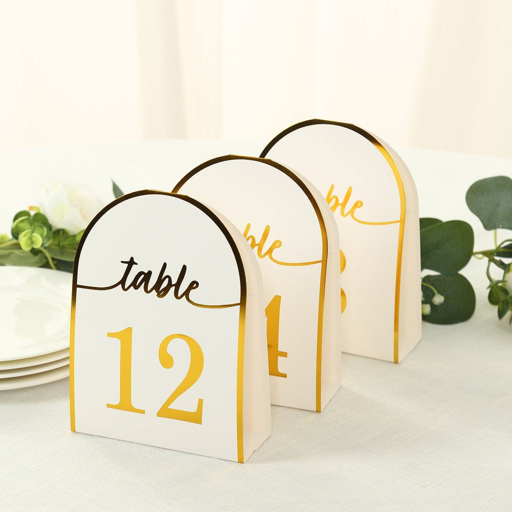 25 - Pack 7" Disposable Table Numbers, White Free Standing Double Sided Table Number Place Cards with Metallic Gold Foil Numbers 1 - 25 - Bell Racket Store