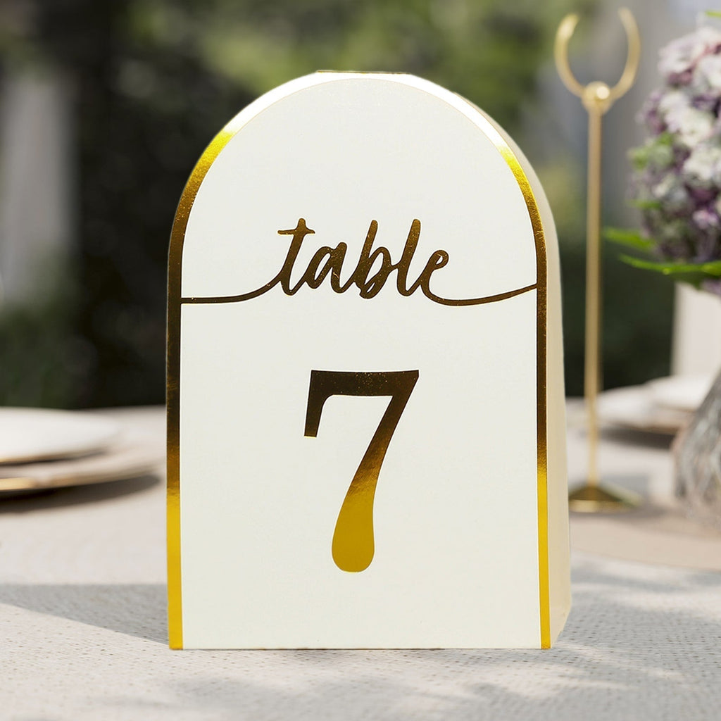 25 - Pack 7" Disposable Table Numbers, White Free Standing Double Sided Table Number Place Cards with Metallic Gold Foil Numbers 1 - 25 - Bell Racket Store