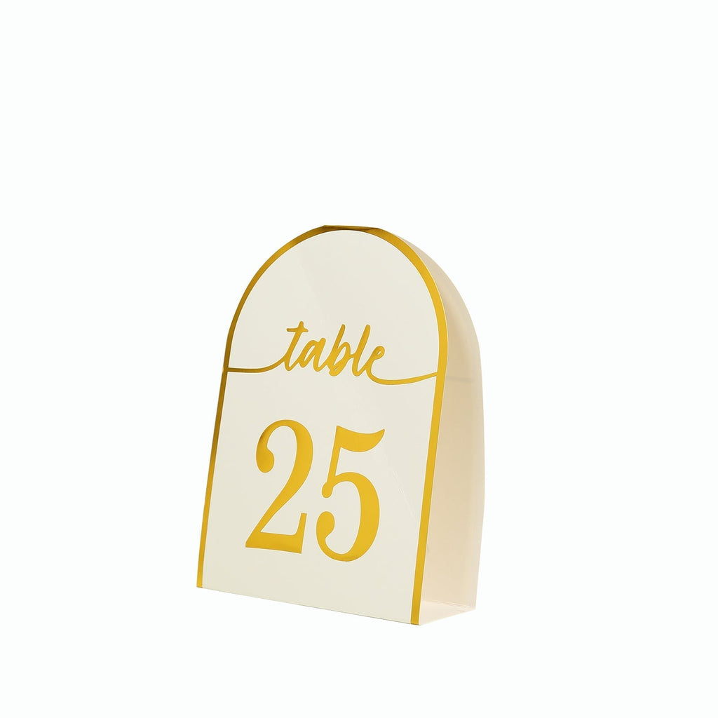 25 - Pack 7" Disposable Table Numbers, White Free Standing Double Sided Table Number Place Cards with Metallic Gold Foil Numbers 1 - 25 - Bell Racket Store