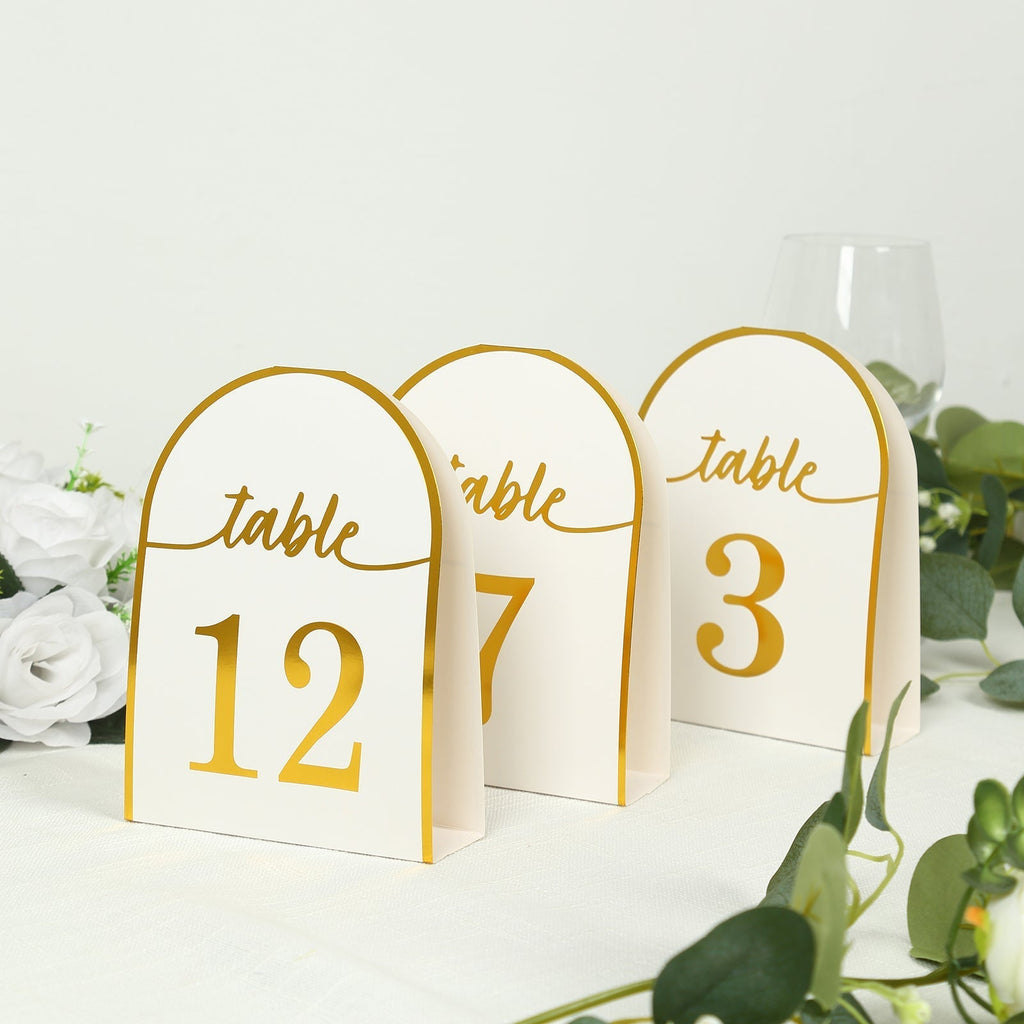 25 - Pack 7" Disposable Table Numbers, White Free Standing Double Sided Table Number Place Cards with Metallic Gold Foil Numbers 1 - 25 - Bell Racket Store
