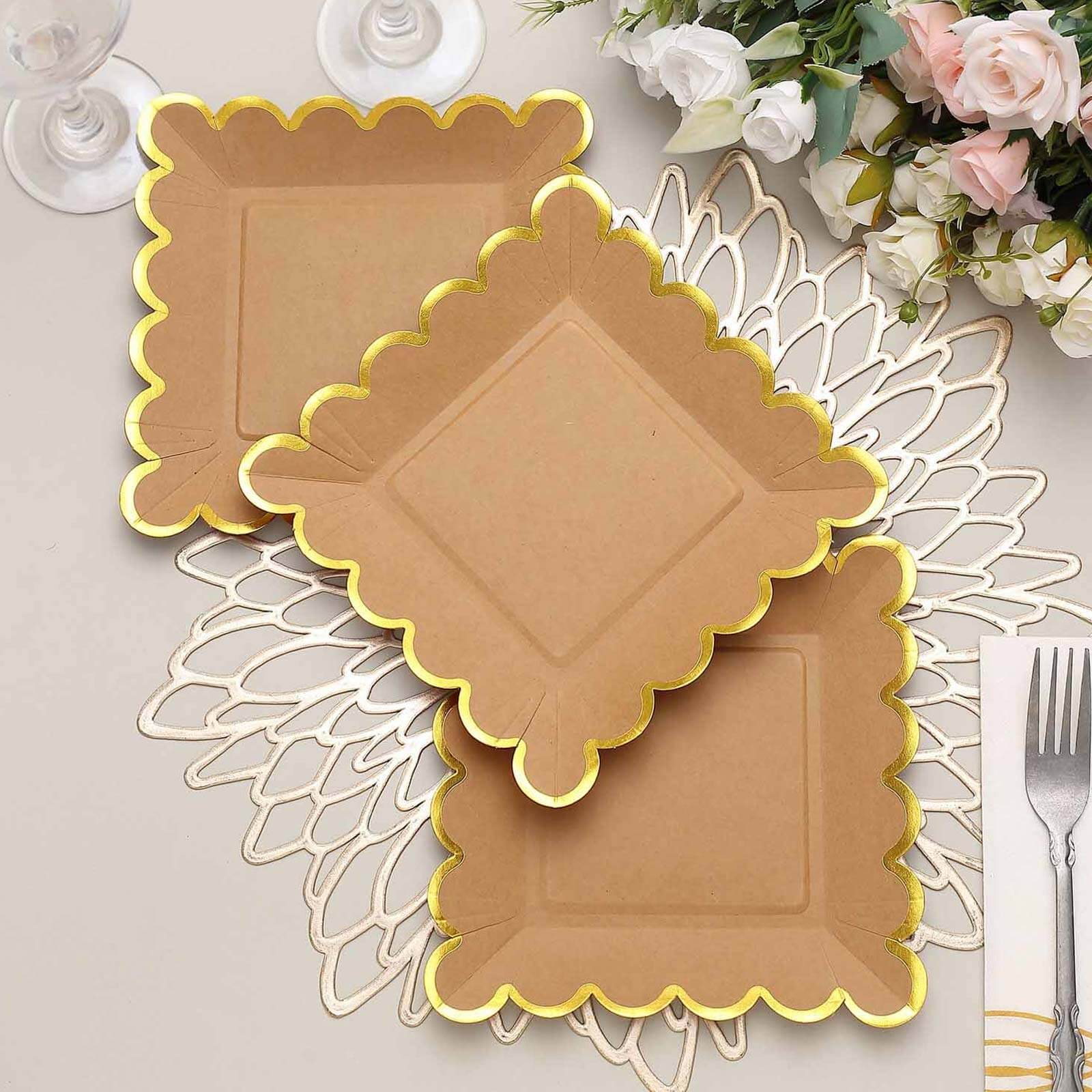 25-Pack Paper 7" Square Dessert Plates in Natural Brown with Gold Scalloped Rim - Disposable Salad Appetizer Party Plates for Stylish Outdoor Events & Boho Celebrations