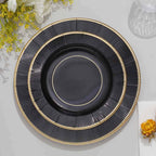 25-Pack Paper 8" Round Dessert Plates in Black Sunray Design with Gold Rim - Disposable Heavy Duty 350GSM Appetizer Salad Plates