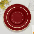 25-Pack Paper 8" Round Dessert Plates in Burgundy Sunray Design with Gold Rim - Disposable Heavy Duty 350GSM Appetizer Salad Plates