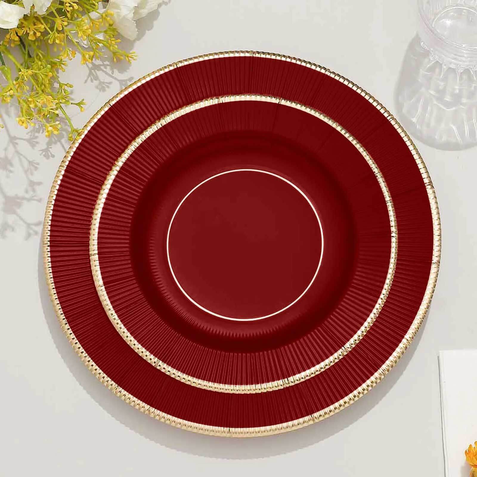 25-Pack Paper 8" Round Dessert Plates in Burgundy Sunray Design with Gold Rim - Disposable Heavy Duty 350GSM Appetizer Salad Plates