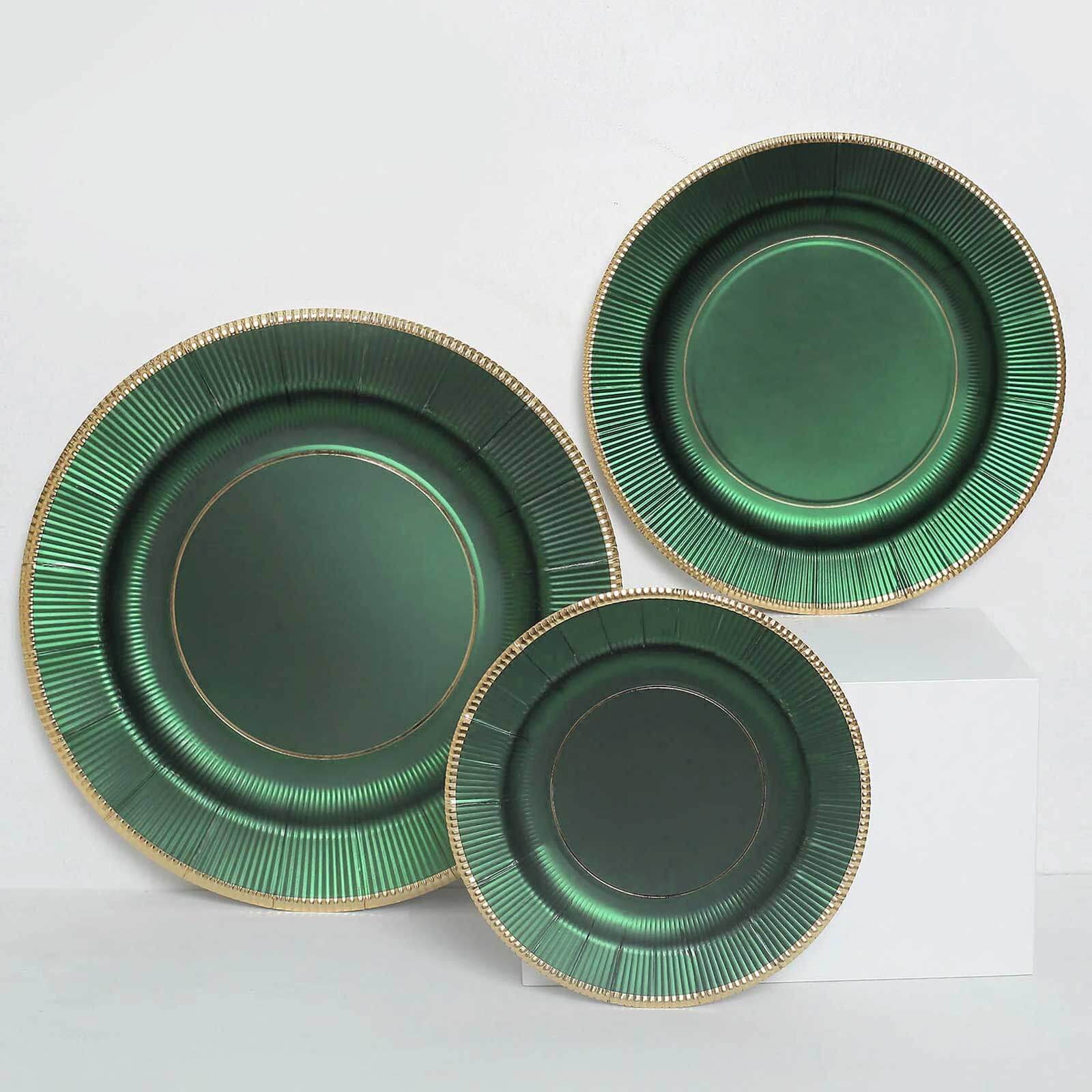 25-Pack Paper 8" Round Dessert Plates in Hunter Emerald Green Sunray Design with Gold Rim - Disposable Heavy Duty 350GSM Appetizer Salad Plates