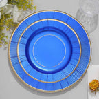 25-Pack Paper 8" Round Dessert Plates in Royal Blue Sunray Design with Gold Rim - Disposable Heavy Duty 350GSM Appetizer Salad Plates