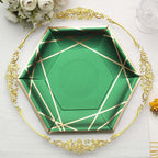 25-Pack Paper 9" Hexagon Dinner Plates in Hunter Emerald Green with Gold Geometric Lines & Rim - Stylish Disposable Geometric 300GSM Party Plates
