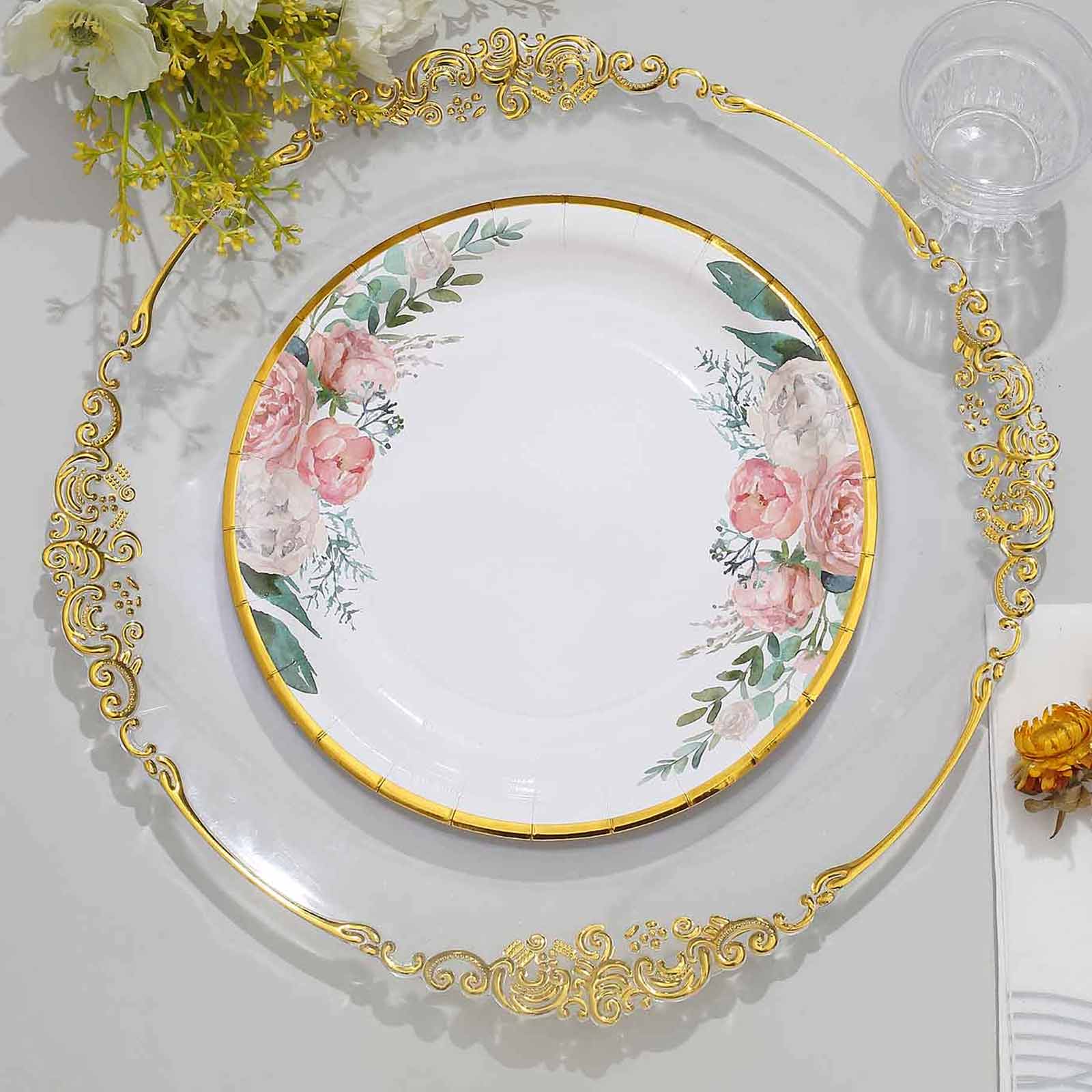 25-Pack Paper 9" Round Dinner Plates White with Peony Floral Design & Gold Rim - Disposable Floral Party Plates for Brunches & Afternoon Teas