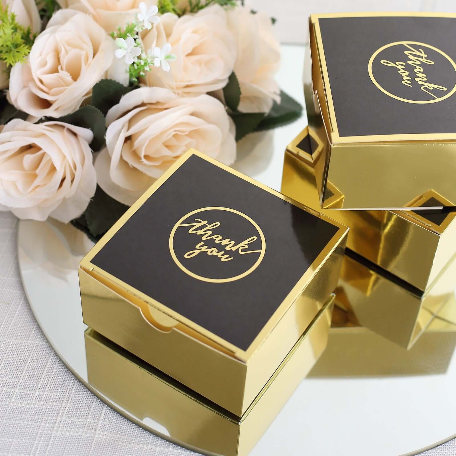 25 Pack Black Gold "Thank You" Print Paper Favor Boxes, Cardstock Party Shower Candy Gift Boxes - 4"x4"x2" - Bell Racket Store