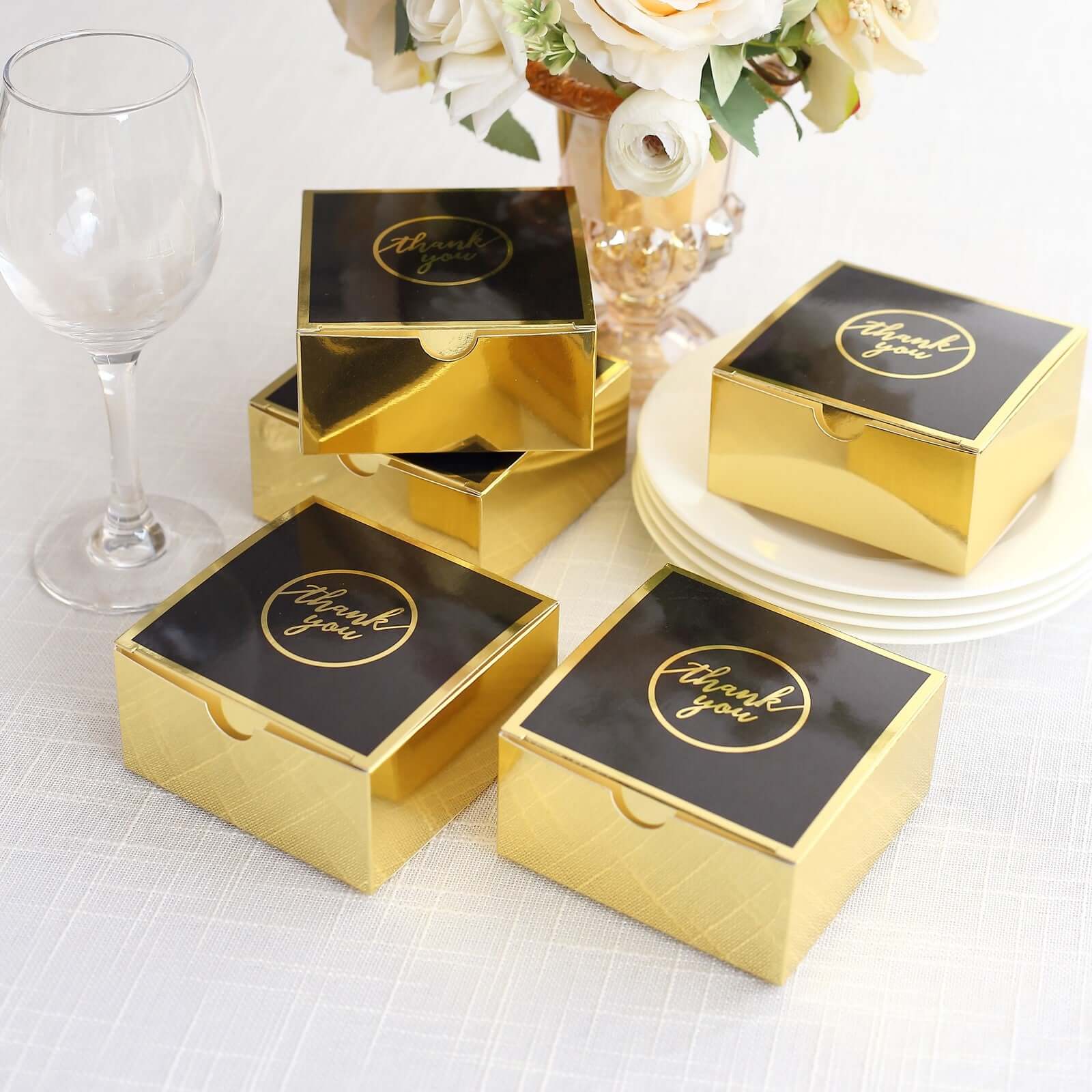 25 Pack Black Gold "Thank You" Print Paper Favor Boxes, Cardstock Party Shower Candy Gift Boxes - 4"x4"x2" - Bell Racket Store