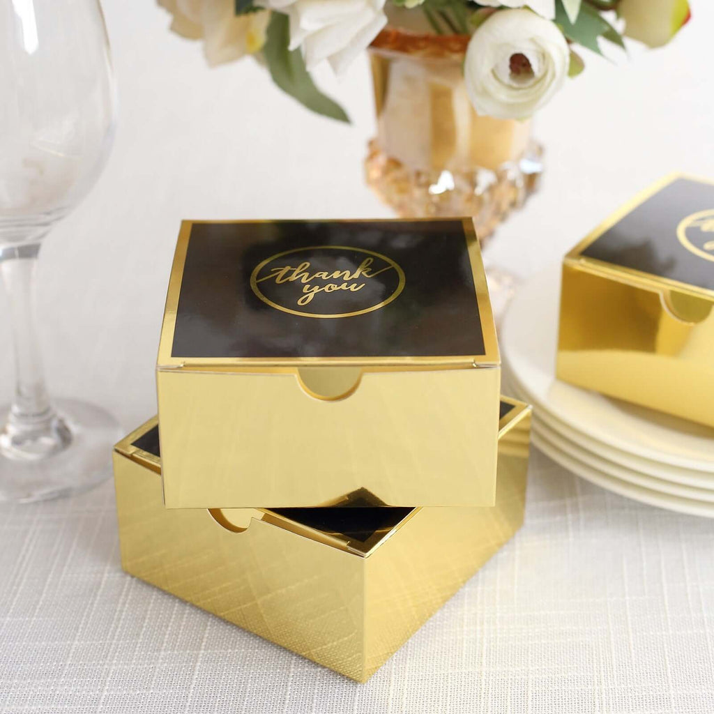 25 Pack Black Gold "Thank You" Print Paper Favor Boxes, Cardstock Party Shower Candy Gift Boxes - 4"x4"x2" - Bell Racket Store