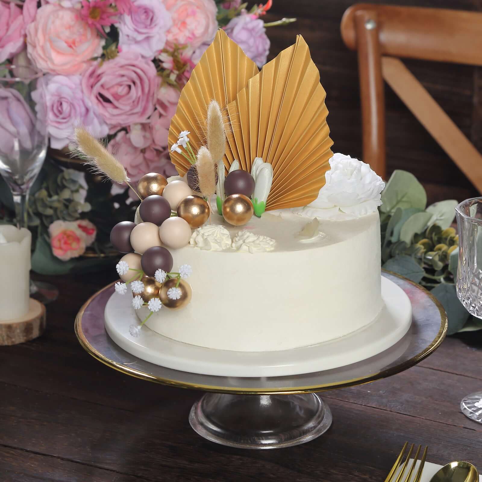 25 - Pack Cake Toppers Gold Boho Style Palm Leaf and Flower Ball Design - Coffee Ball Cake Decoration Set Assorted - Bell Racket Store