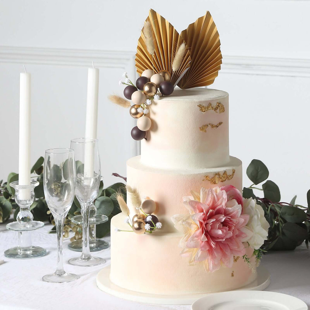 25 - Pack Cake Toppers Gold Boho Style Palm Leaf and Flower Ball Design - Coffee Ball Cake Decoration Set Assorted - Bell Racket Store