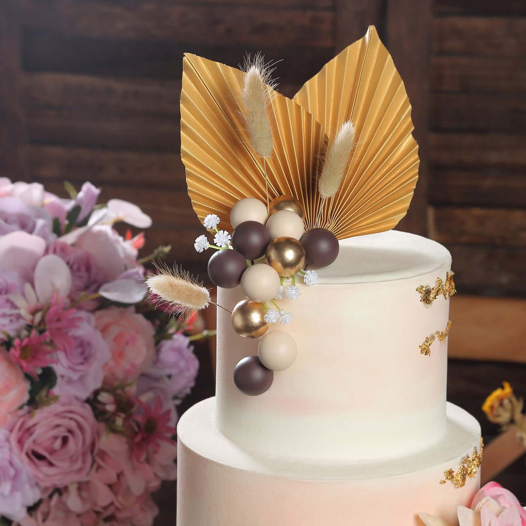 25 - Pack Cake Toppers Gold Boho Style Palm Leaf and Flower Ball Design - Coffee Ball Cake Decoration Set Assorted - Bell Racket Store